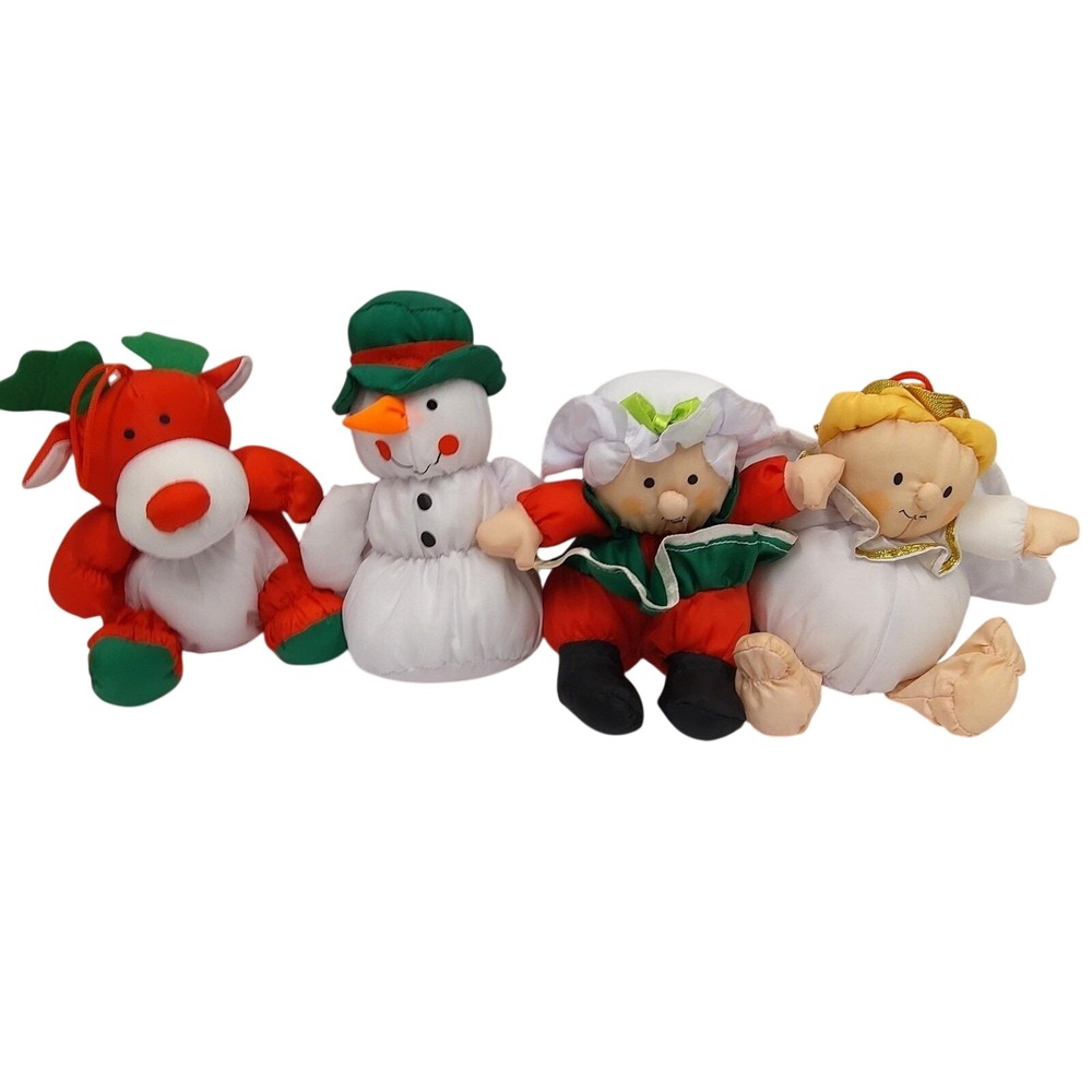 VTGSet of 4 Stuffins Christmas Reindeer Angel Snowman Mrs. Claus Nylon Stuffie